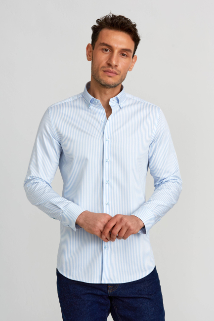 Modern Fit Paşa Yaka Düğmeli Saten Açık Mavi Erkek Gömlek - Bisse