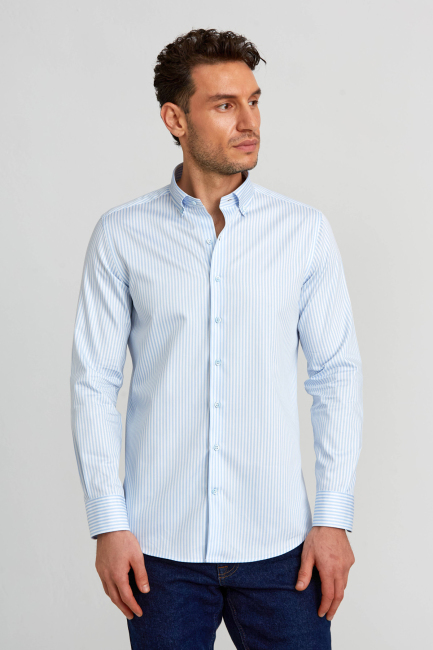 Modern Fit Paşa Yaka Düğmeli Saten Açık Mavi Erkek Gömlek - 5