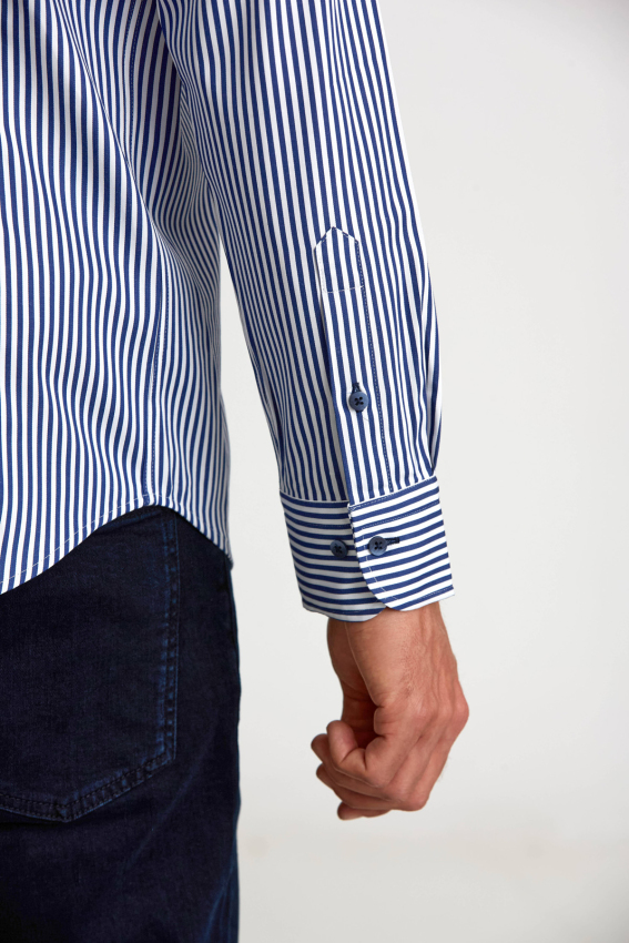 Modern Fit Paşa Yaka Düğmeli Saten Lacivert Erkek Gömlek - 3