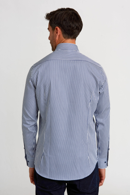 Modern Fit Paşa Yaka Düğmeli Saten Lacivert Erkek Gömlek - Bisse (1)