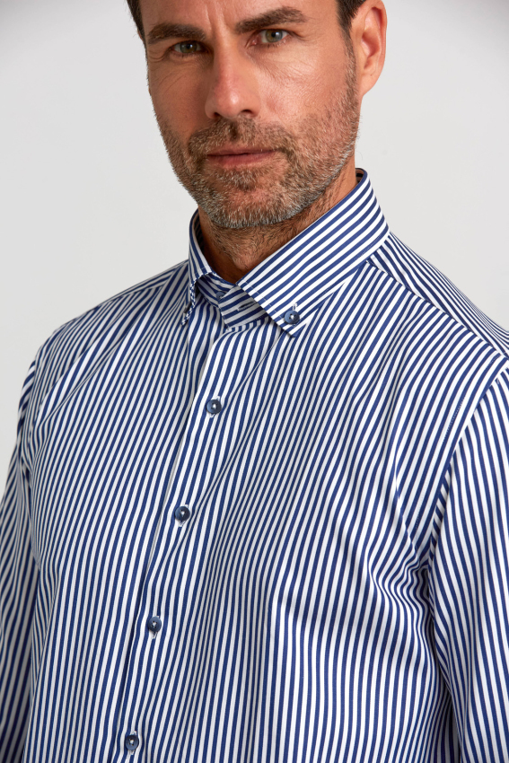 Modern Fit Paşa Yaka Düğmeli Saten Lacivert Erkek Gömlek - 4