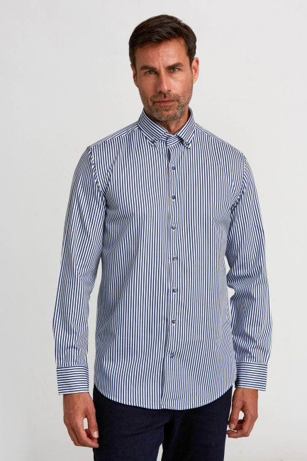 Modern Fit Paşa Yaka Düğmeli Saten Lacivert Erkek Gömlek - Bisse
