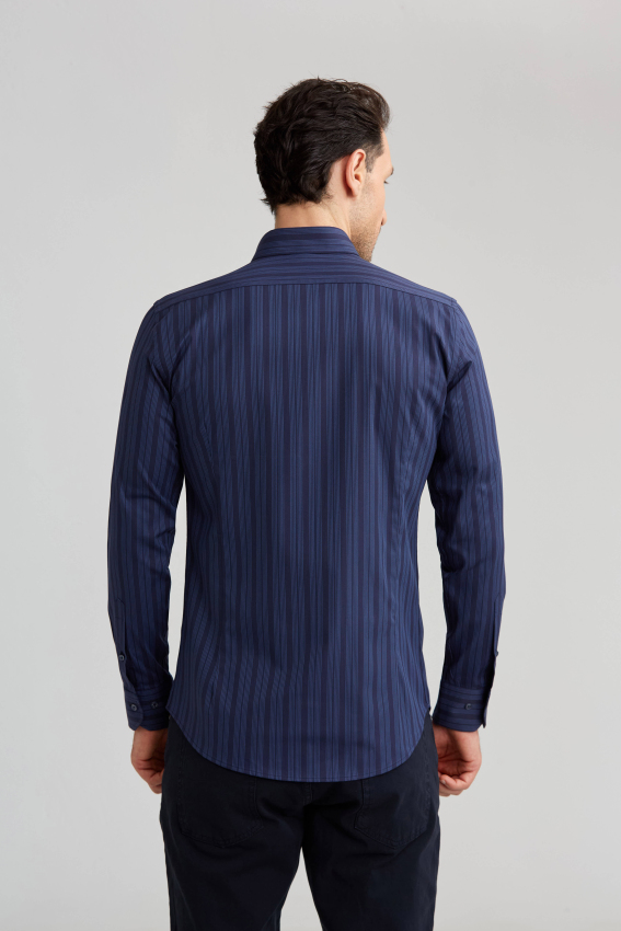 Modern Fit Düğmeli Yaka Lacivert Spor Erkek Gömlek - 2
