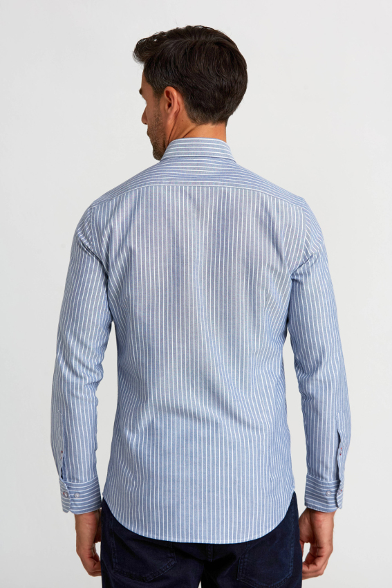 Modern Fit Paşa Yaka Düğmeli Çizgili Lacivert Erkek Gömlek - 2