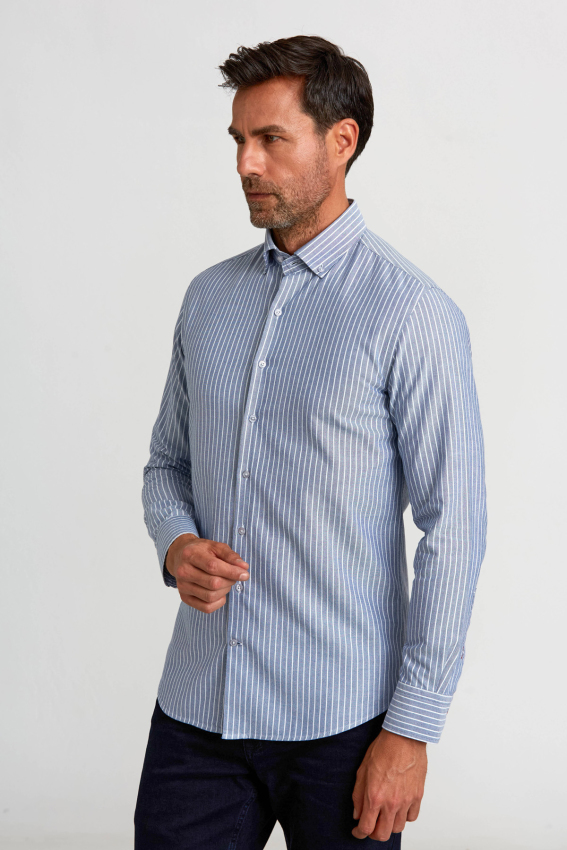 Modern Fit Paşa Yaka Düğmeli Çizgili Lacivert Erkek Gömlek - 4
