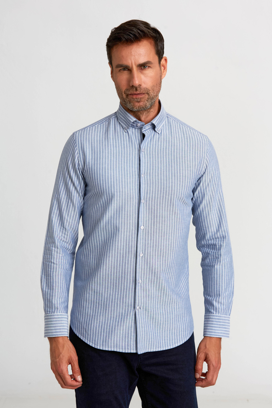 Modern Fit Paşa Yaka Düğmeli Çizgili Lacivert Erkek Gömlek