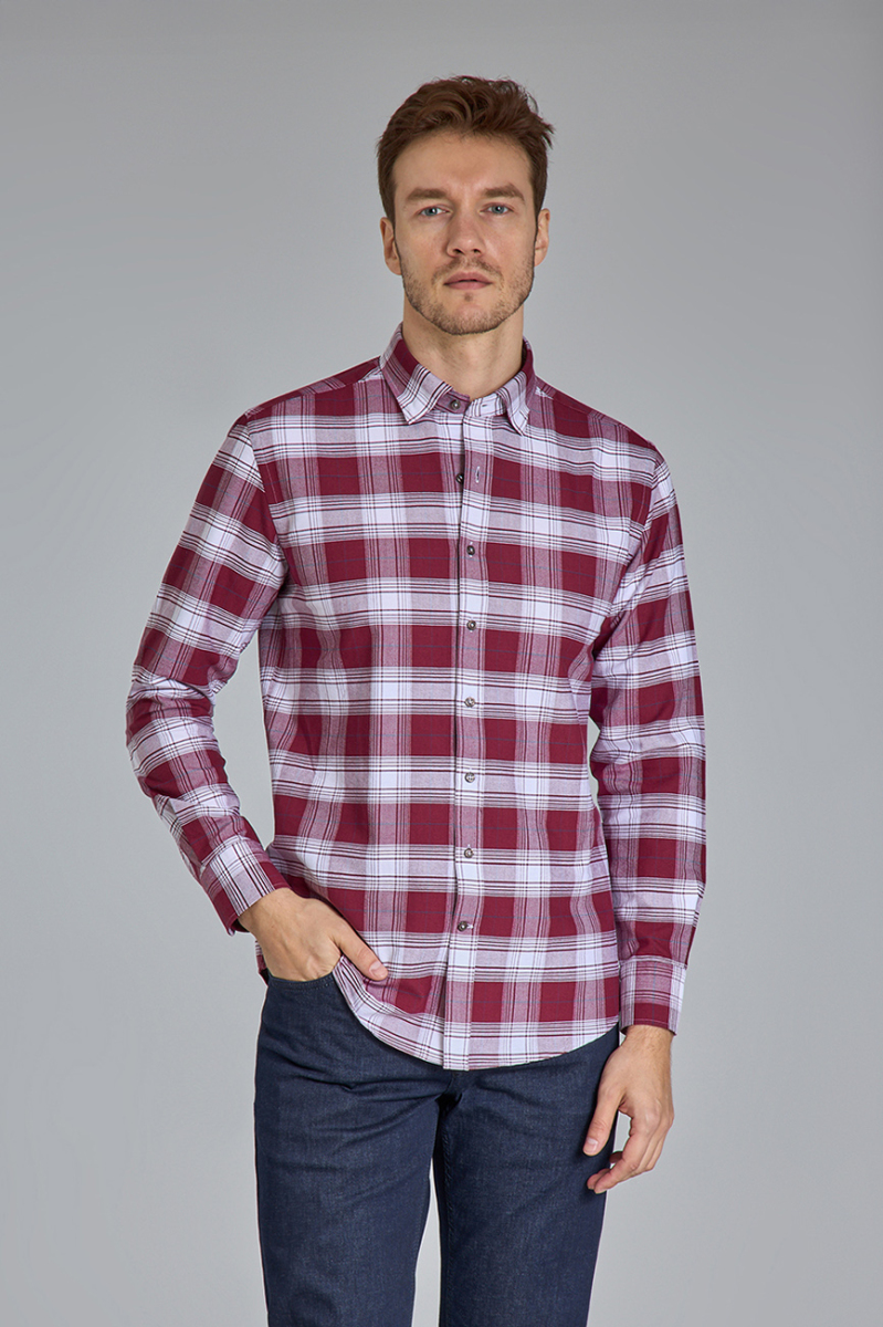 Modern Fit Paşa Yaka Ekose Bordo Erkek Gömlek - 1