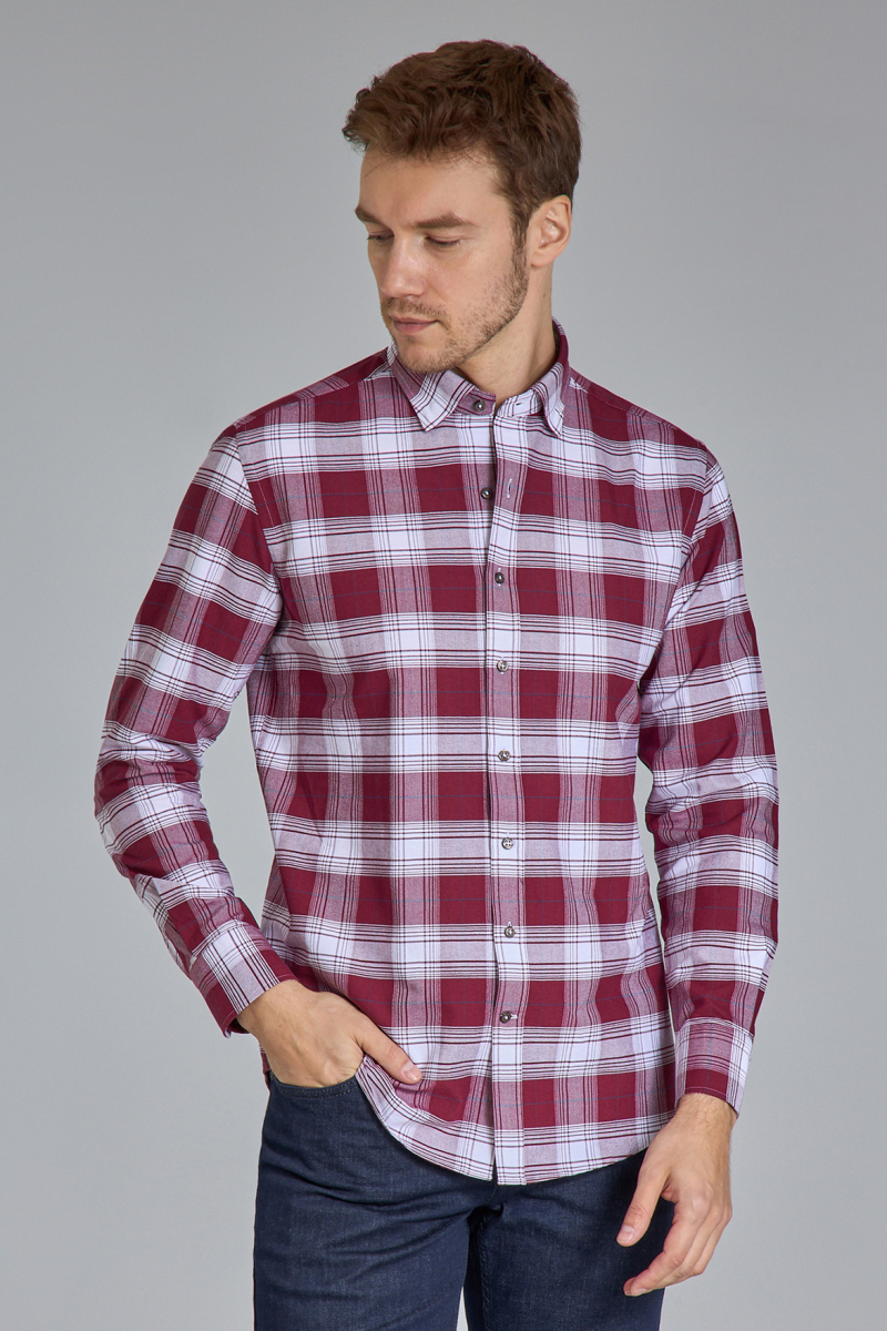 Modern Fit Paşa Yaka Ekose Bordo Erkek Gömlek - 5