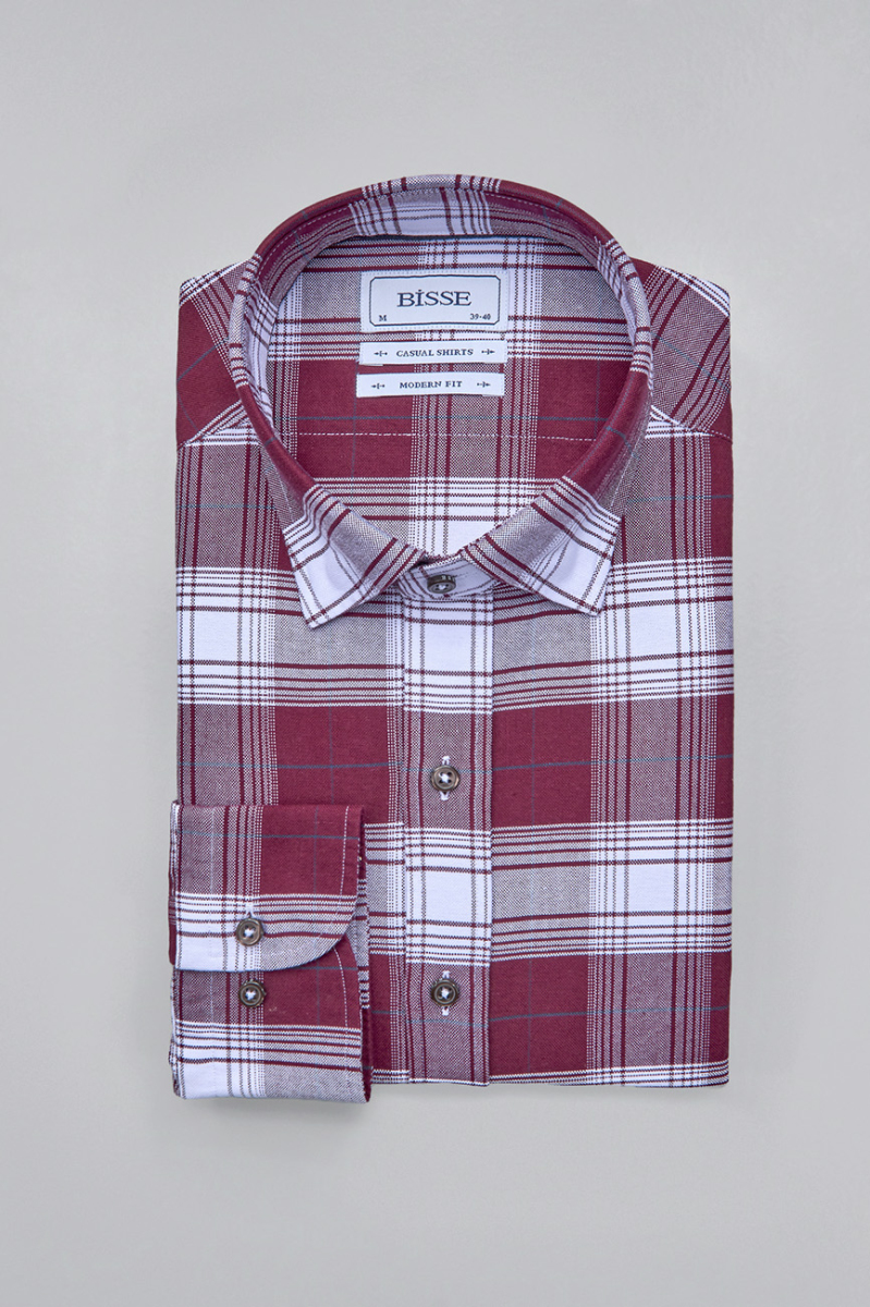 Modern Fit Paşa Yaka Ekose Bordo Erkek Gömlek - 3