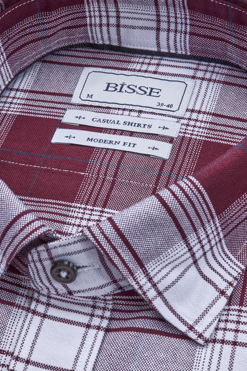 Modern Fit Paşa Yaka Ekose Bordo Erkek Gömlek - 4