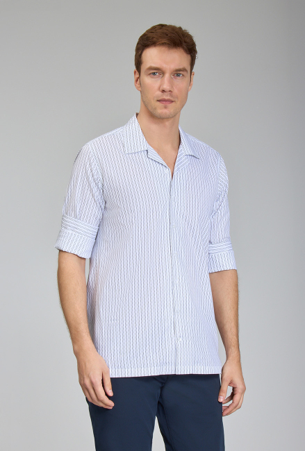 BİSSE SPOR GÖMLEK / REGULAR FİT / U. KOL / APAJ YAKA / KOYU ZEMİN SPOR ÇİZGİLİ / Beyaz - Bisse