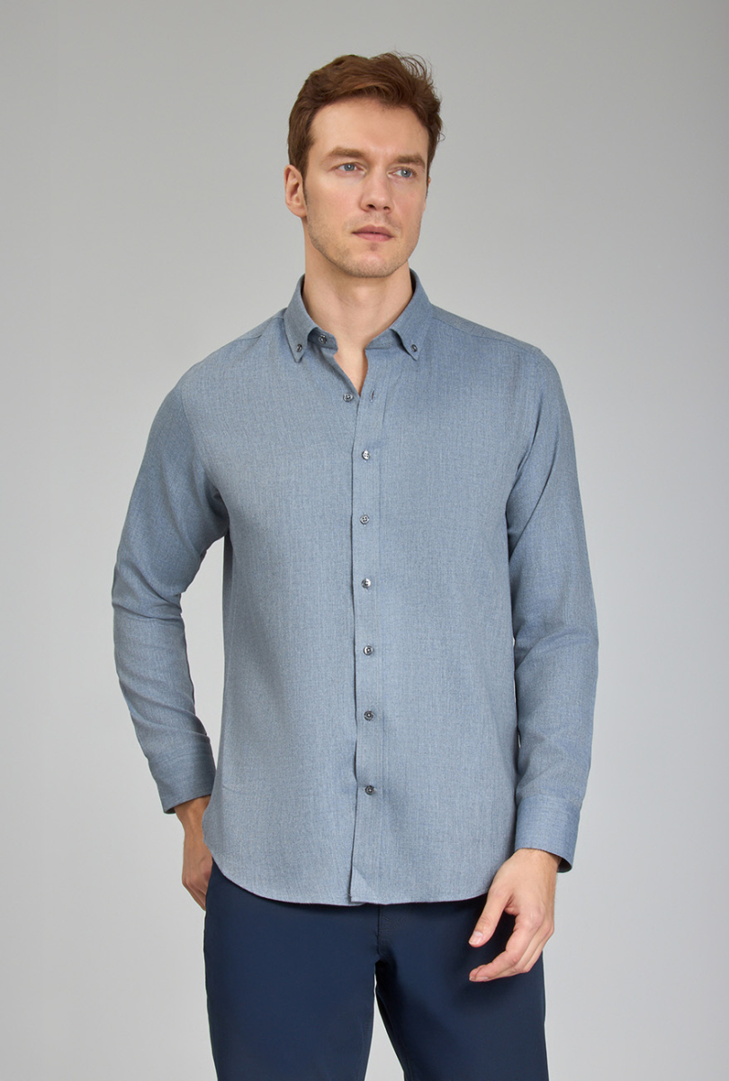 Regular Fit Paşa Yaka İndigo Erkek Gömlek - 1