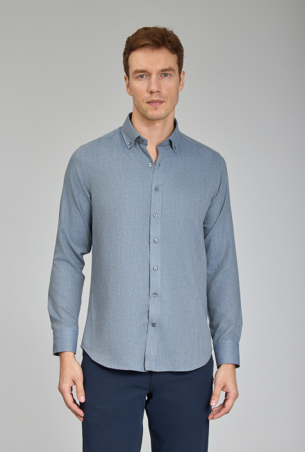 Regular Fit Paşa Yaka İndigo Erkek Gömlek - 3