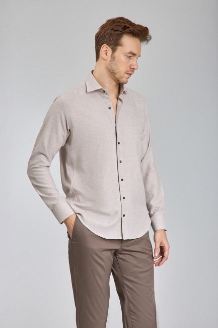 Regular Fit İtalyan Yaka Bej Erkek Gömlek - 5
