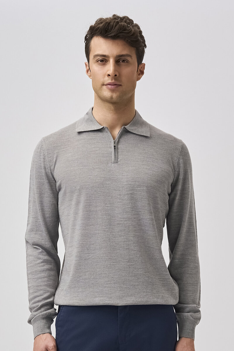Bisse Studio Erkek Polo Yaka Fermuarlı Triko Gri - 5