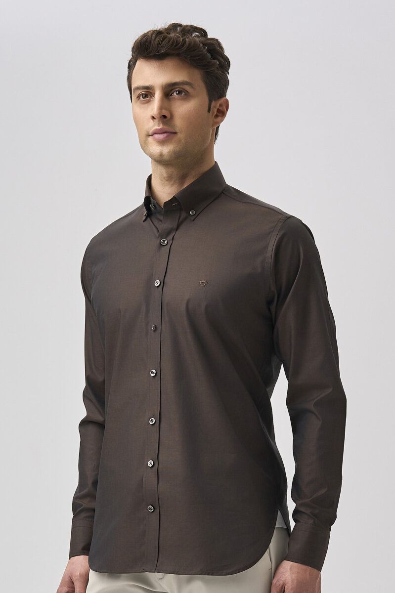 Bisse Studio Erkek Regular Fit Uzun Kollu Kahve Cepsiz Gömlek - 5