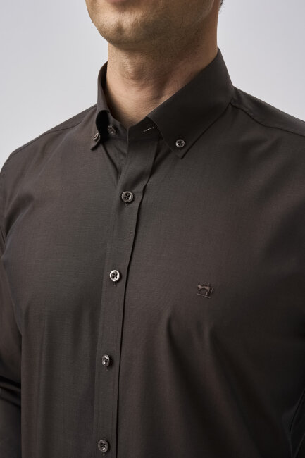 Bisse Studio Erkek Regular Fit Uzun Kollu Kahve Cepsiz Gömlek - 4