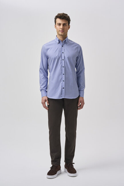 Bisse Studio Erkek Uzun Kollu Çizgili Pamuk Mavi Çıtçıtlı Gömlek - 1