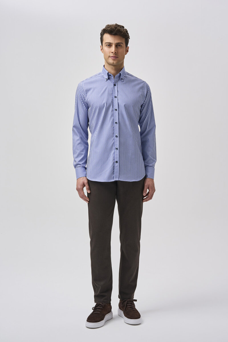 Bisse Studio Erkek Uzun Kollu Çizgili Pamuk Mavi Çıtçıtlı Gömlek