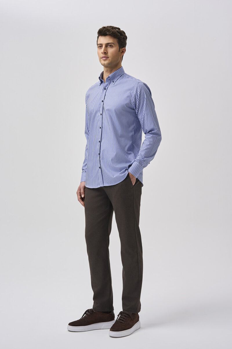 Bisse Studio Erkek Uzun Kollu Çizgili Pamuk Mavi Çıtçıtlı Gömlek (1)