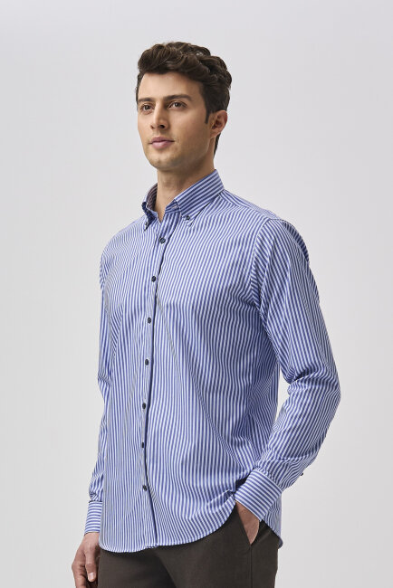 Bisse Studio Erkek Uzun Kollu Çizgili Pamuk Mavi Çıtçıtlı Gömlek - 5