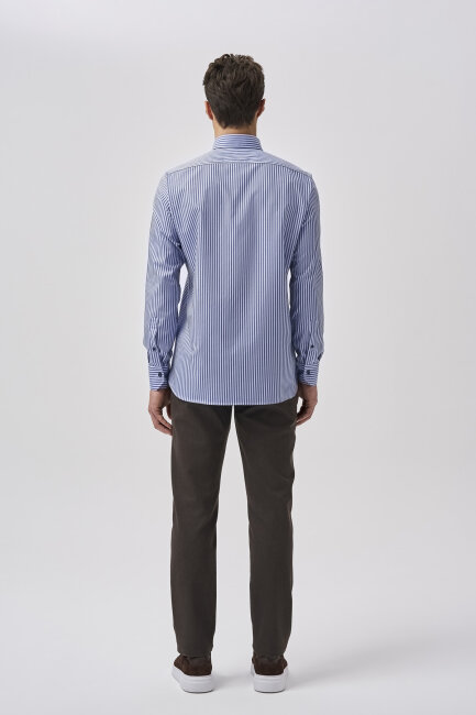 Bisse Studio Erkek Uzun Kollu Çizgili Pamuk Mavi Çıtçıtlı Gömlek - 3