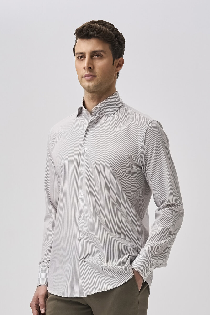 Bisse Studio Erkek Uzun Kollu İtalyan Yaka Kahve Cepsiz Gömlek - 5