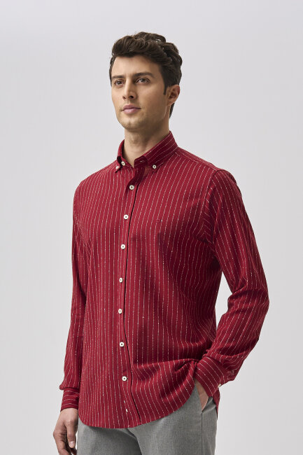 Bisse Studio Erkek Uzun Kollu Pamuk Bordo Cepsiz Gömlek - 4