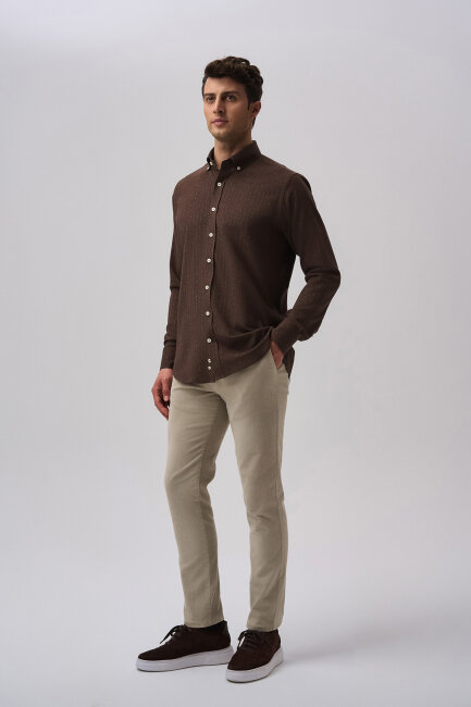 Bisse Studio Erkek Uzun Kollu Pamuk Kahve Cepsiz Gömlek (1)