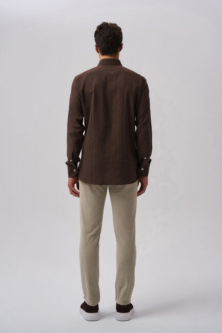 Bisse Studio Erkek Uzun Kollu Pamuk Kahve Cepsiz Gömlek - 3