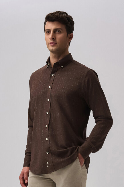 Bisse Studio Erkek Uzun Kollu Pamuk Kahve Cepsiz Gömlek - 5