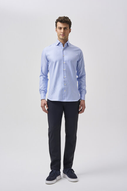 Bisse Studio Uzun Kollu Regular Fit İtalyan Yaka Cepsiz Erkek Gömlek Mavi