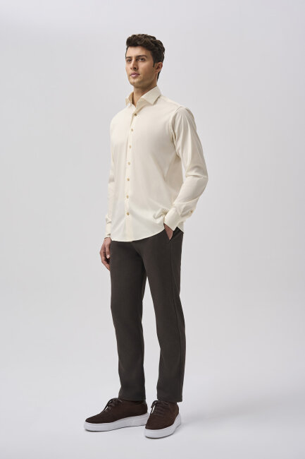 Bisse Uzun Kollu İtalyan Yaka Cepsiz Ekru Gömlek - 2