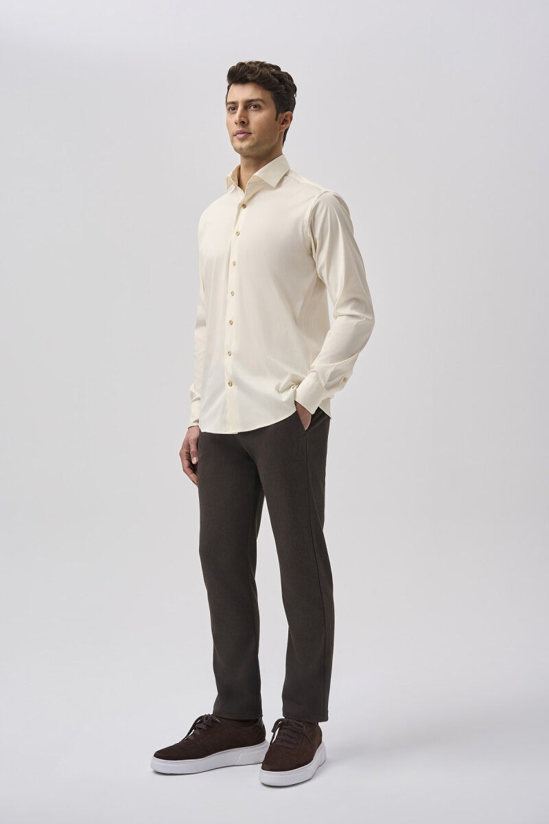 Bisse Uzun Kollu İtalyan Yaka Cepsiz Ekru Gömlek - 2