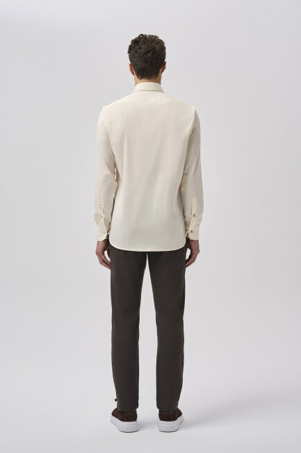Bisse Uzun Kollu İtalyan Yaka Cepsiz Ekru Gömlek - 3