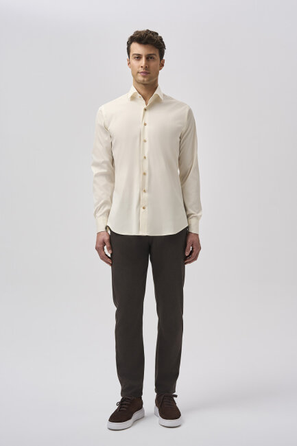 Bisse Uzun Kollu İtalyan Yaka Cepsiz Ekru Gömlek - 1