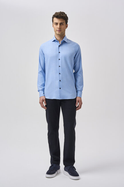 Bisse Uzun Kollu İtalyan Yaka Cepsiz Mavi Gömlek - 1