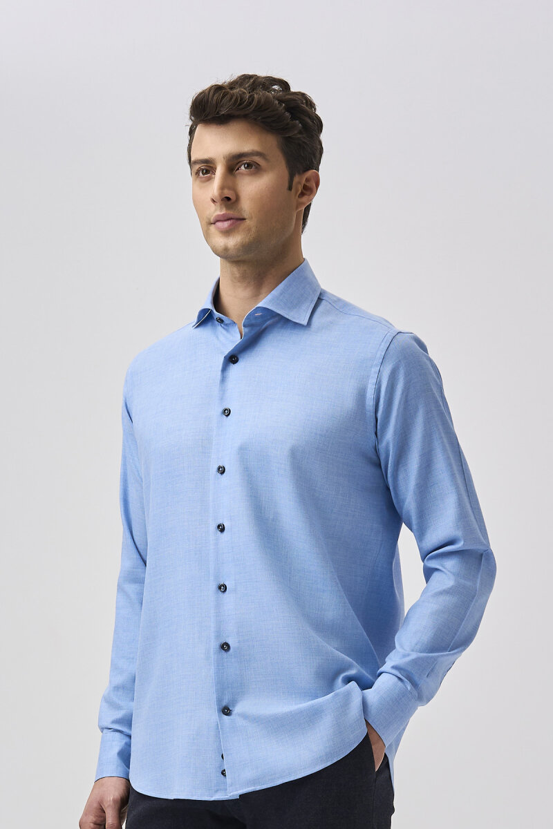 Bisse Uzun Kollu İtalyan Yaka Cepsiz Mavi Gömlek - 5