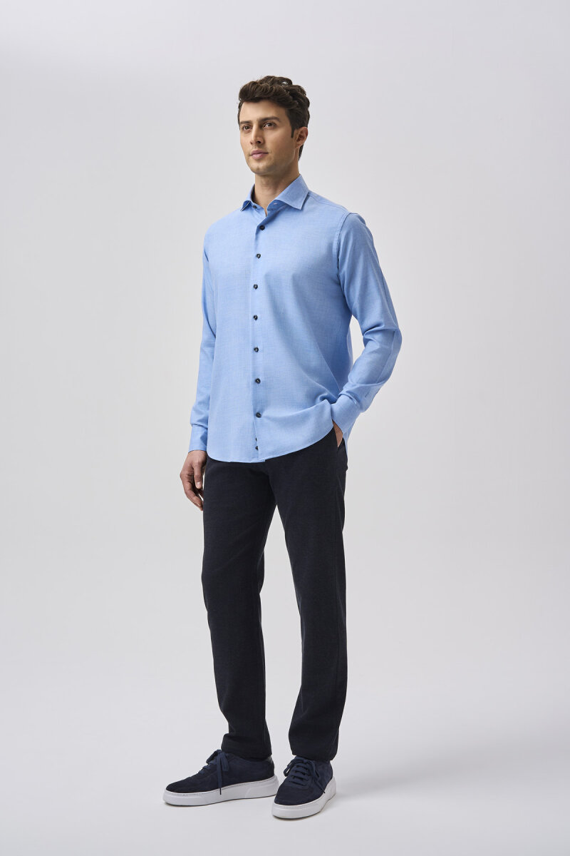 Bisse Uzun Kollu İtalyan Yaka Cepsiz Mavi Gömlek (1)