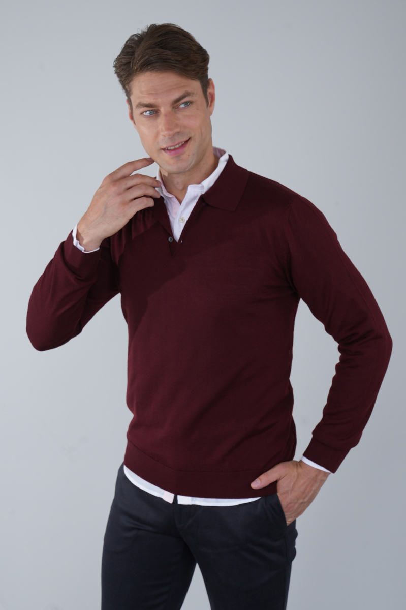 Bordo Düğmeli Polo Yaka Erkek Yün Triko