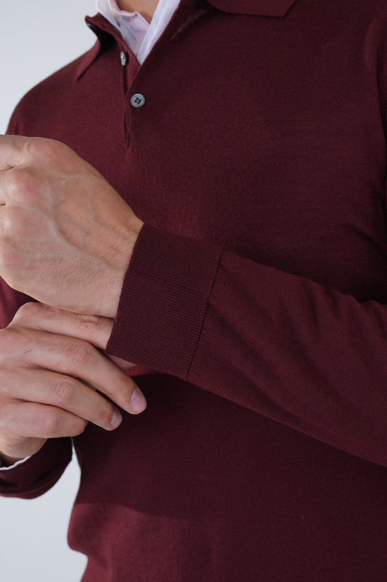 Bordo Düğmeli Polo Yaka Erkek Yün Triko - 3