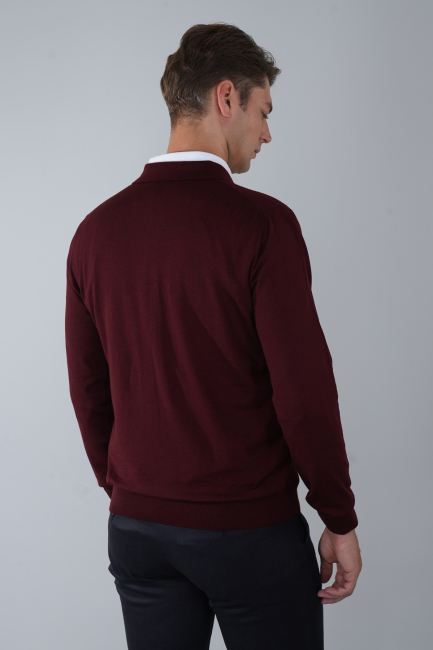 Bordo Düğmeli Polo Yaka Erkek Yün Triko - 2