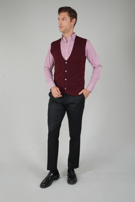 Bordo Düz Triko Yün Erkek Yelek - 5