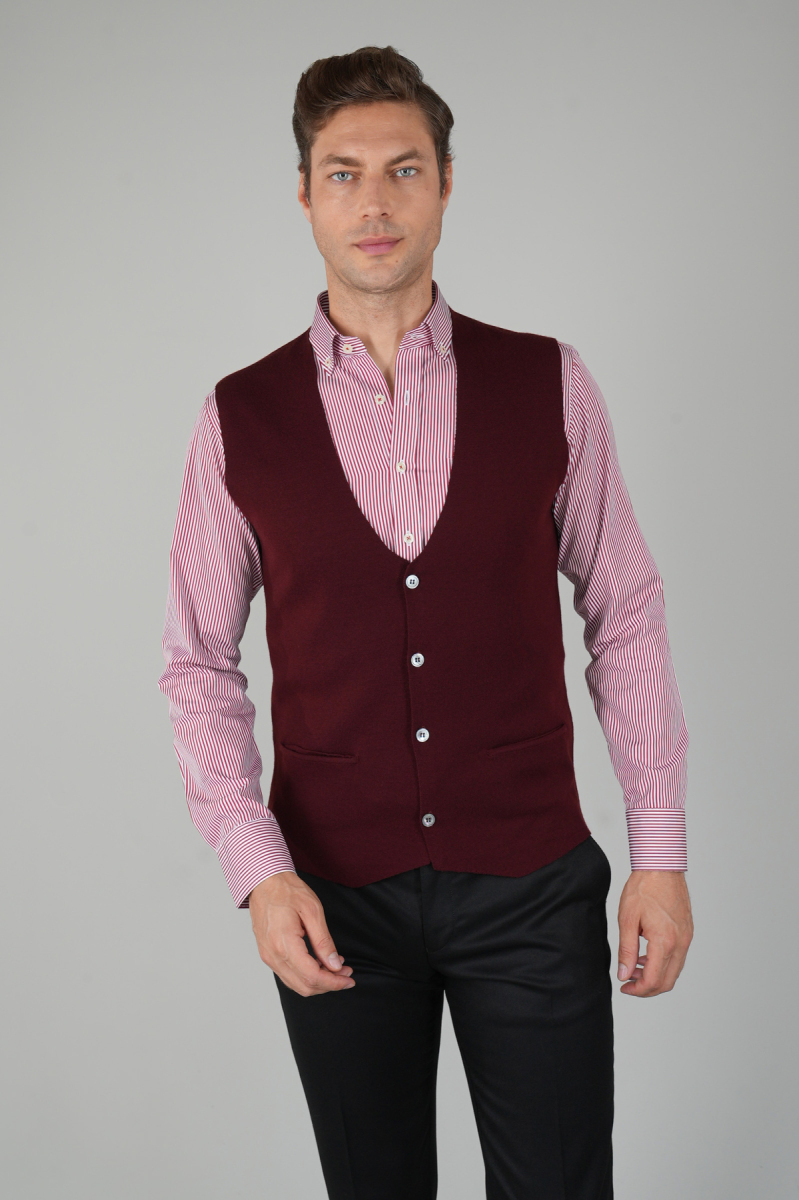 Bordo Düz Triko Yün Erkek Yelek