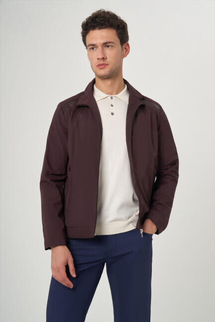 Bordo Erkek Fermuarlı Deri Detaylı Mont