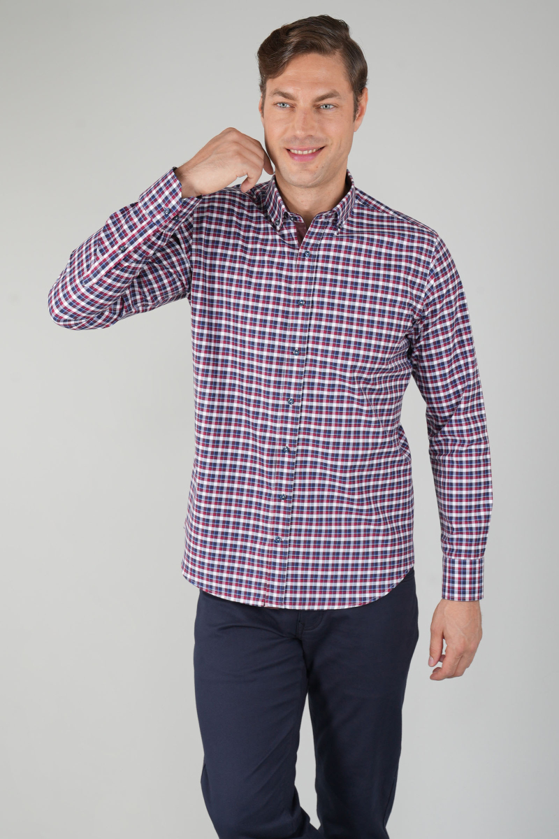 Bordo Kareli Regular Fit Kareli Erkek Gömlek - 1