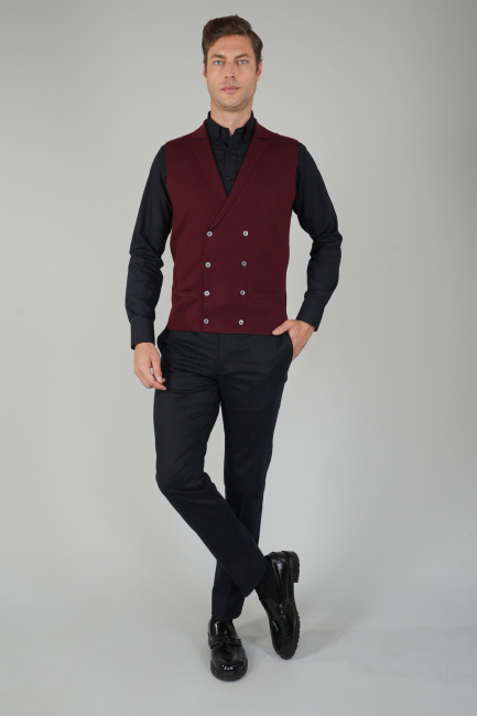 Bordo Kruvaze Yün Erkek Yelek - 5