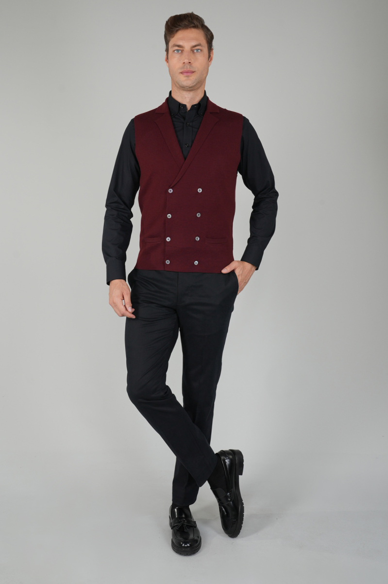 Bordo Kruvaze Yün Erkek Yelek - 5