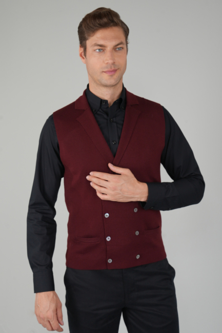 Bordo Kruvaze Yün Erkek Yelek