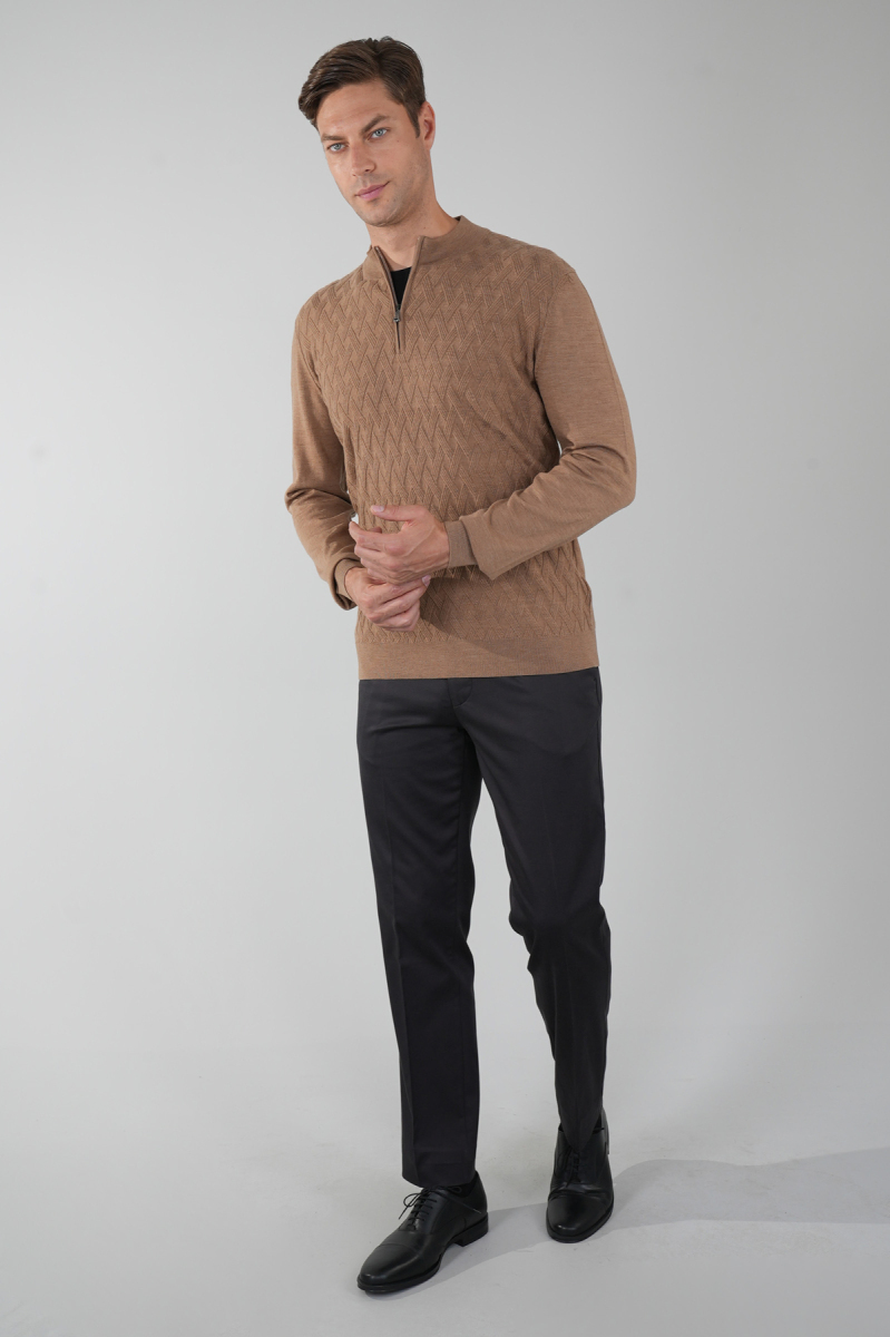 Camel Yarım Balıkçı Yaka Fermuar Detaylı Jakarlı Erkek Triko - 5